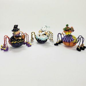 Cute Halloween Figurine Set of 3 Bobble Head Ghost Witch & Pumpkin w Spider Legs